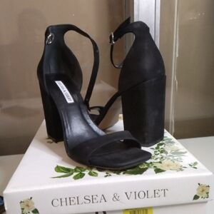 Chelsea & Violet Black Suede Block Heel Ankle Strap Sandals
